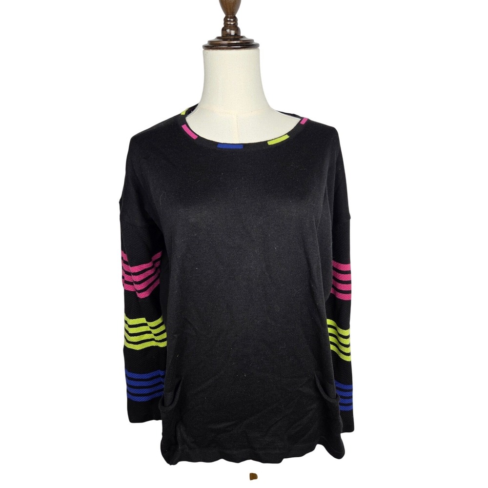 Angel Size Large Striped Long Sleeve Knit Sweater In Black Colorful Sleeves Neck